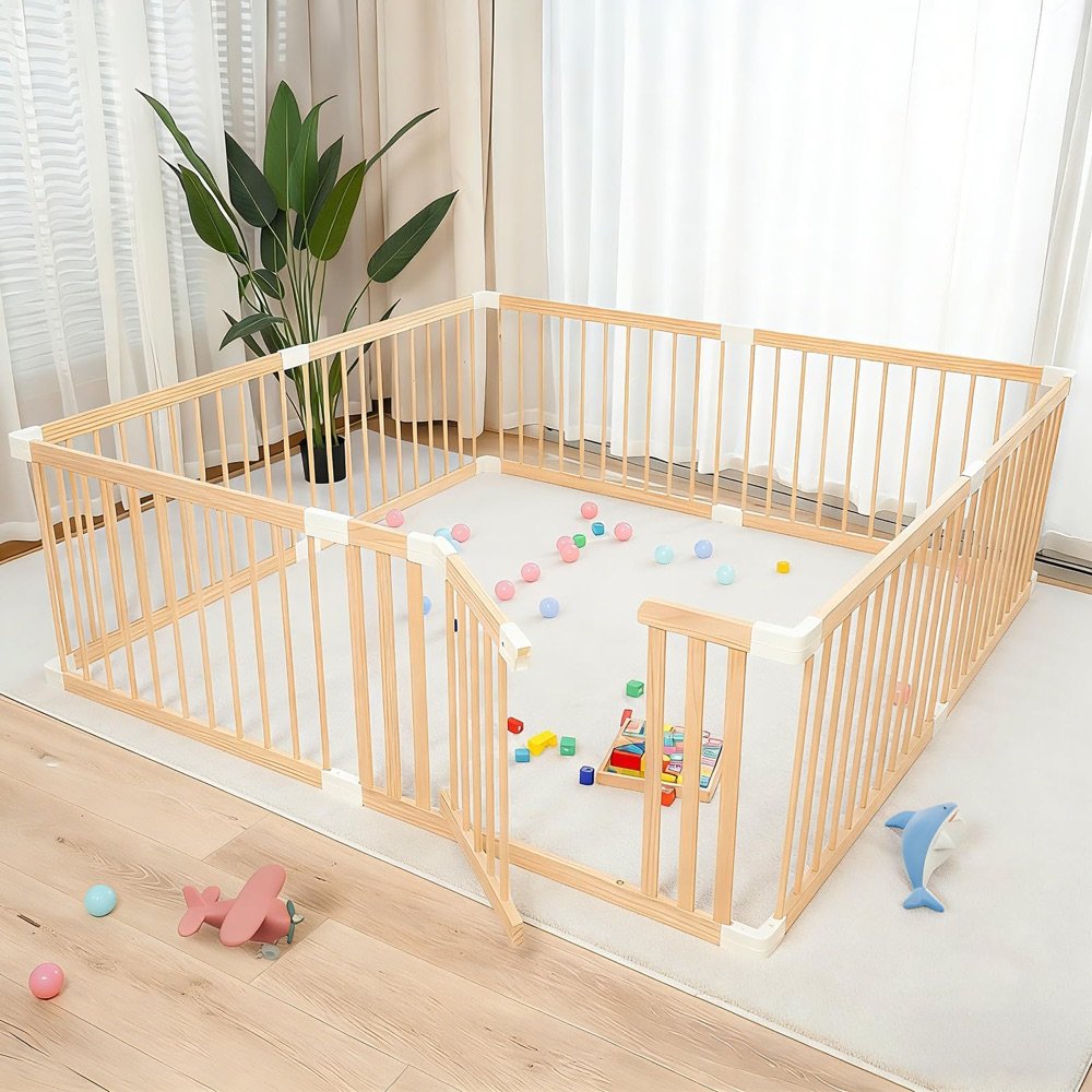 Vzqqa extra-large wooden playpen for toddlers, fully set up